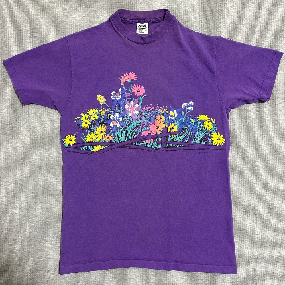 Vintage 1988 Anvil Wildflowers T Shirt Short Sleeve Purple Cotton Mens Size L